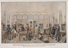 Justus von Liebig no seu laboratório no Instituto Químico da Universidade de Giessen, c. 1840